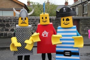 Street entertainers, lego costume themed entertainers